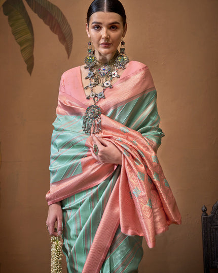 Turquoise Silk Zari Weaving Saree For Festival