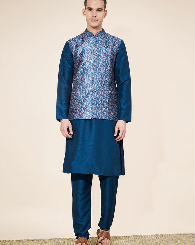 Cobalt Blue Silk Mens Kurta Pajama Set with Jacquard Jacket