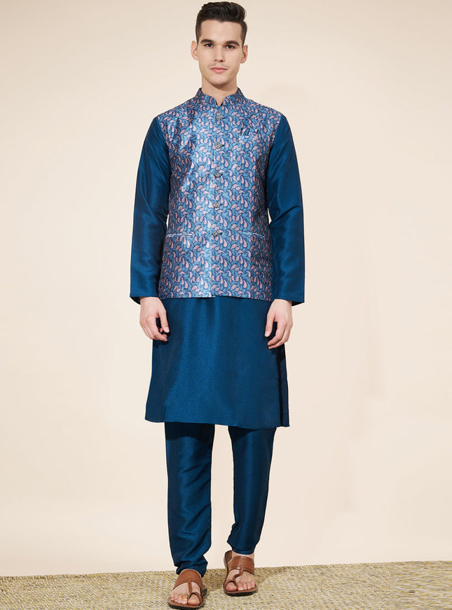 Cobalt Blue Silk Mens Kurta Pajama Set with Jacquard Jacket