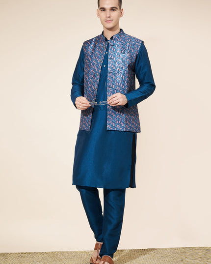 Cobalt Blue Silk Mens Kurta Pajama Set with Jacquard Jacket