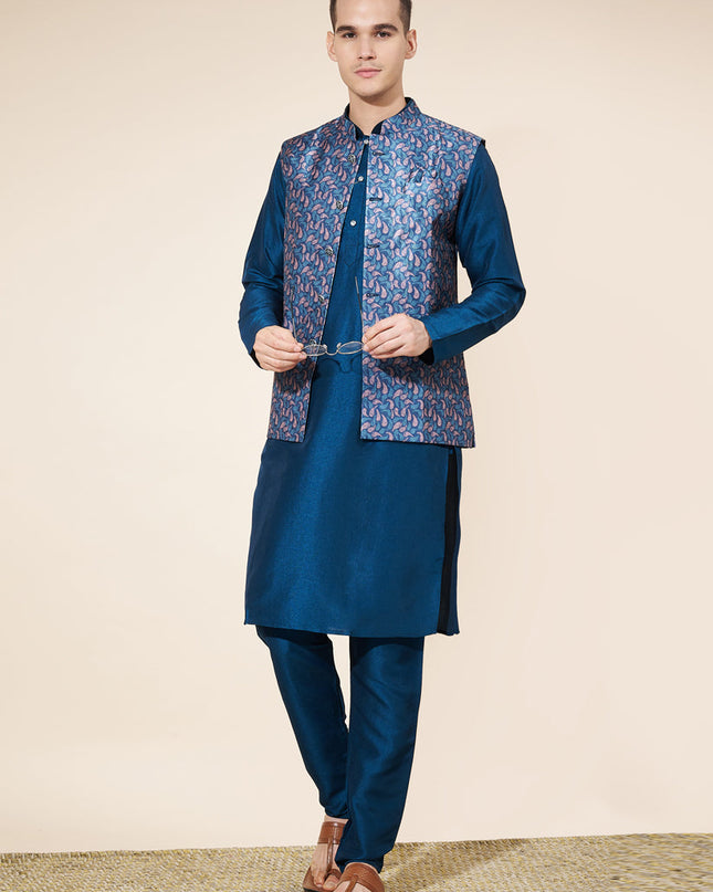 Cobalt Blue Silk Mens Kurta Pajama Set with Jacquard Jacket