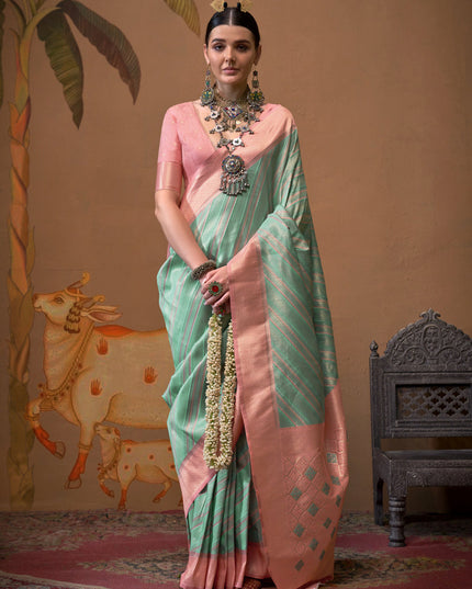 Turquoise Silk Zari Weaving Saree For Festival