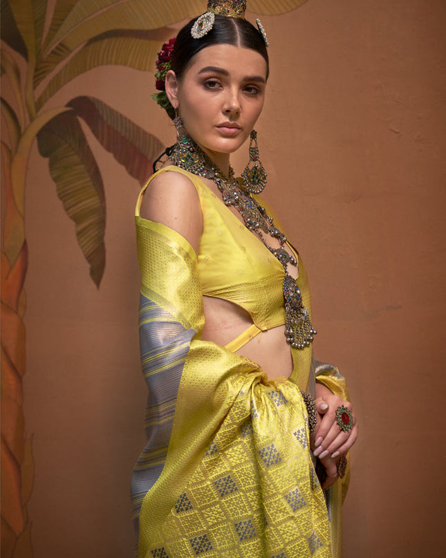 Silver Grey Silk Zari Weaving Saree For Festival