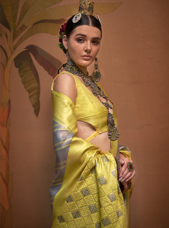 Silver Grey Silk Zari Weaving Saree For Festival