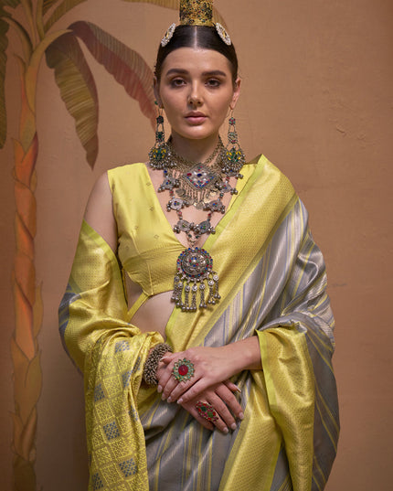 Silver Grey Silk Zari Weaving Saree For Festival