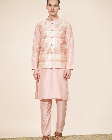 Blush Peach Silk Mens Kurta Pajama Set with Jacquard Jacket