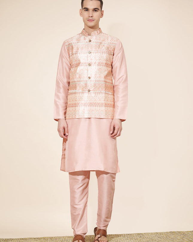 Blush Peach Silk Mens Kurta Pajama Set with Jacquard Jacket