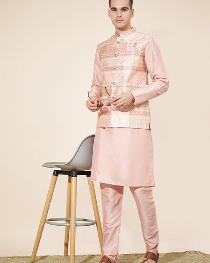Blush Peach Silk Mens Kurta Pajama Set with Jacquard Jacket