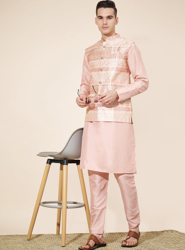 Blush Peach Silk Mens Kurta Pajama Set with Jacquard Jacket