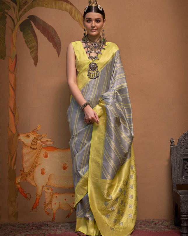 Silver Grey Silk Zari Weaving Saree For Festival