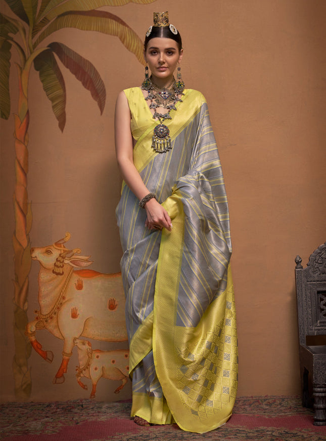 Silver Grey Silk Zari Weaving Saree For Festival