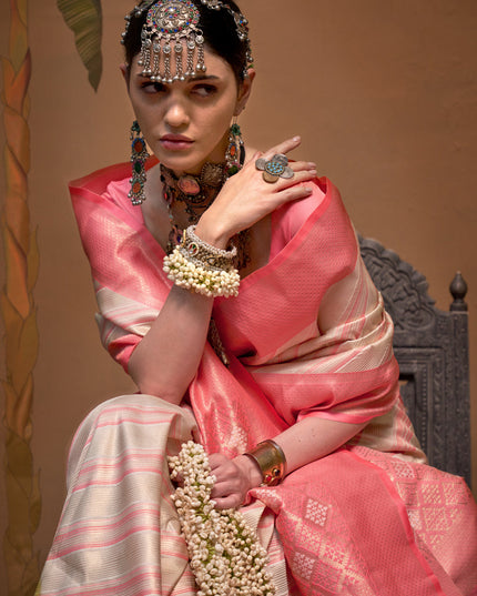 Off White Silk Zari Weaving Saree For Festival