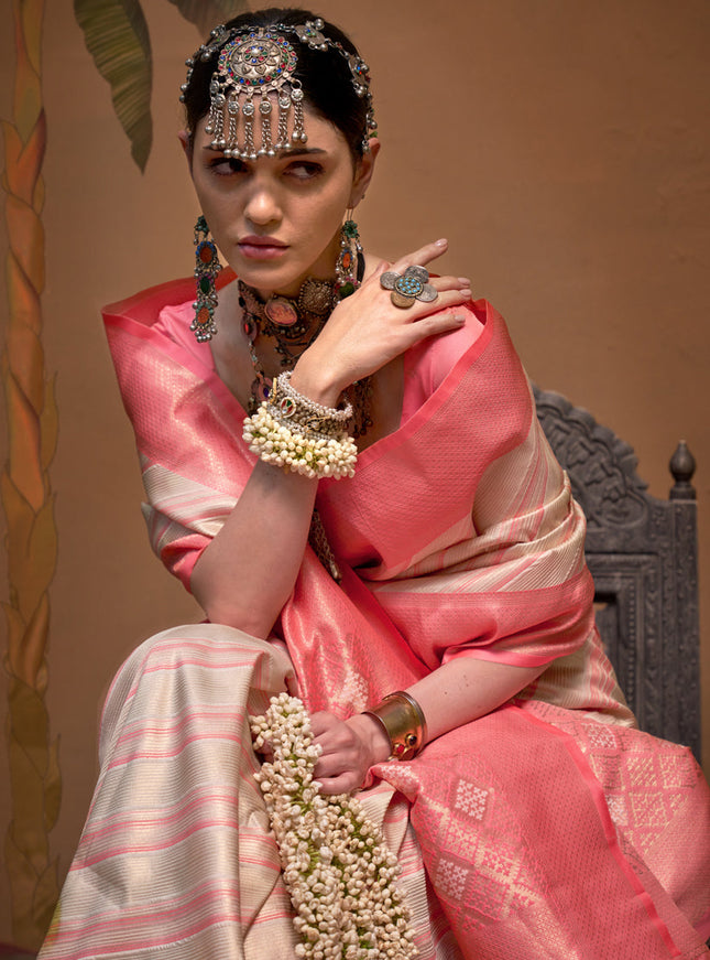 Off White Silk Zari Weaving Saree For Festival