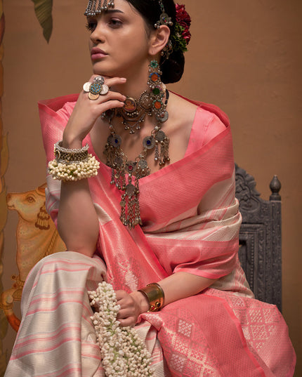 Off White Silk Zari Weaving Saree For Festival