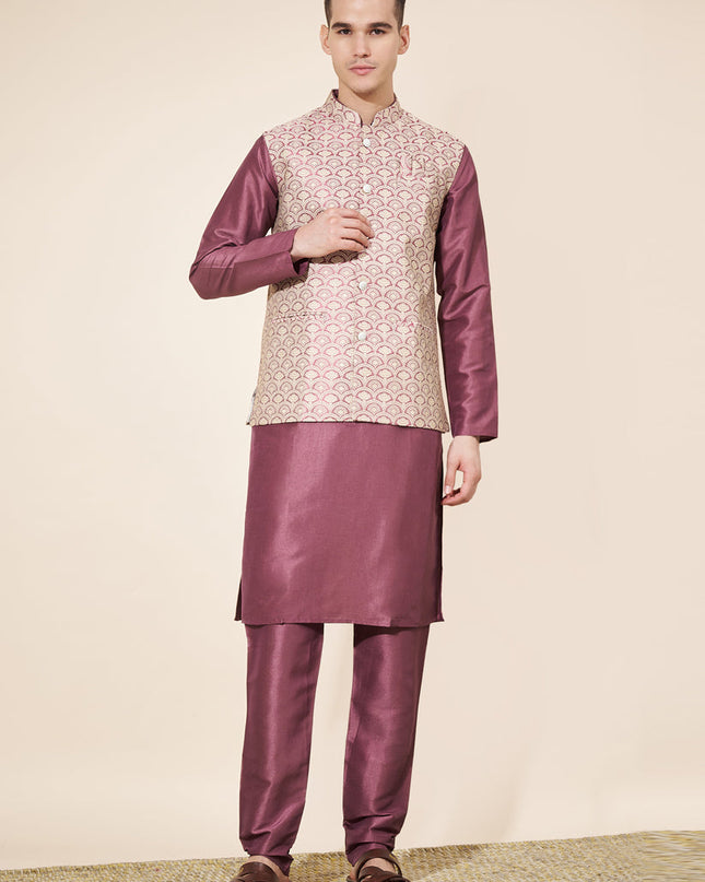 Burgundy Silk Mens Kurta Pajama Set with Jacquard Jacket