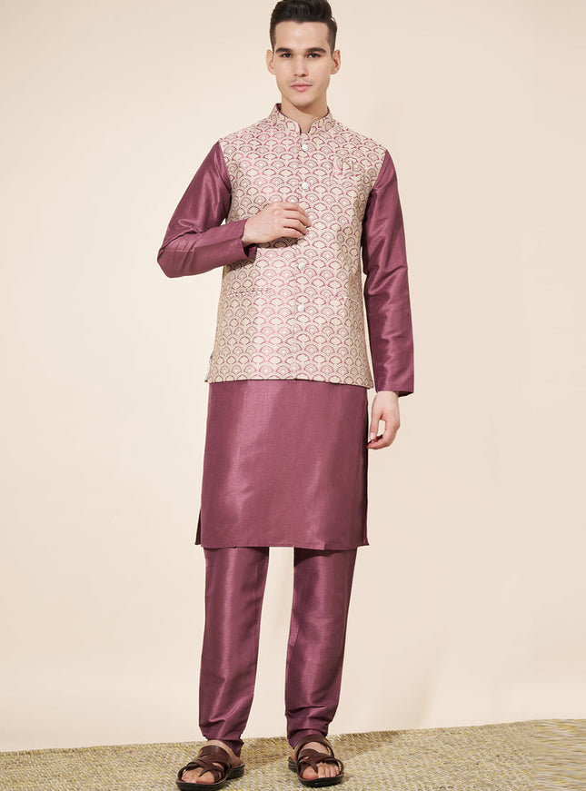 Burgundy Silk Mens Kurta Pajama Set with Jacquard Jacket
