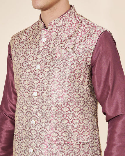 Burgundy Silk Mens Kurta Pajama Set with Jacquard Jacket