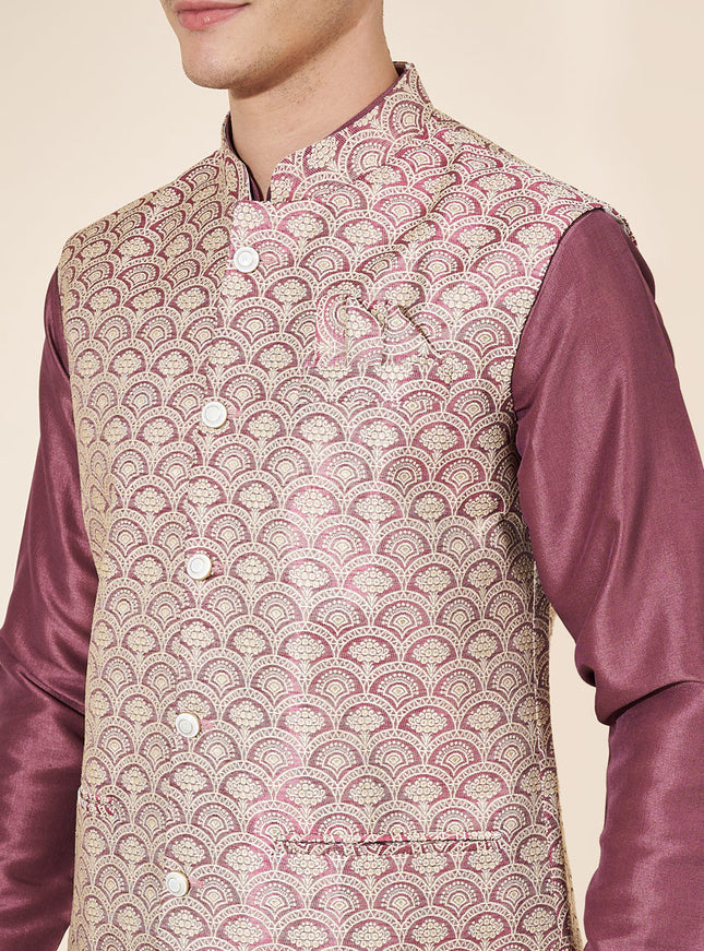 Burgundy Silk Mens Kurta Pajama Set with Jacquard Jacket