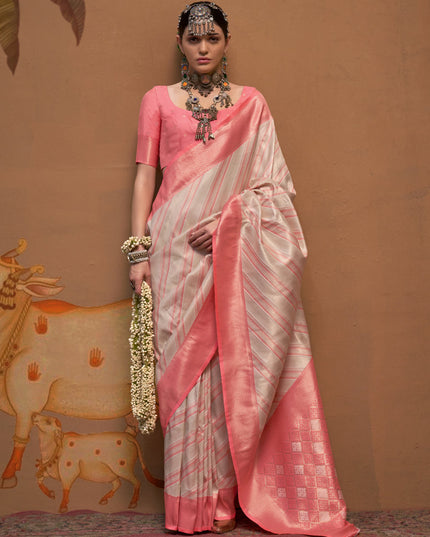 Off White Silk Zari Weaving Saree For Festival