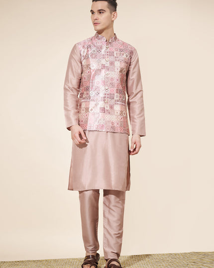 Beige Silk Mens Kurta Pajama Set with Jacquard Jacket