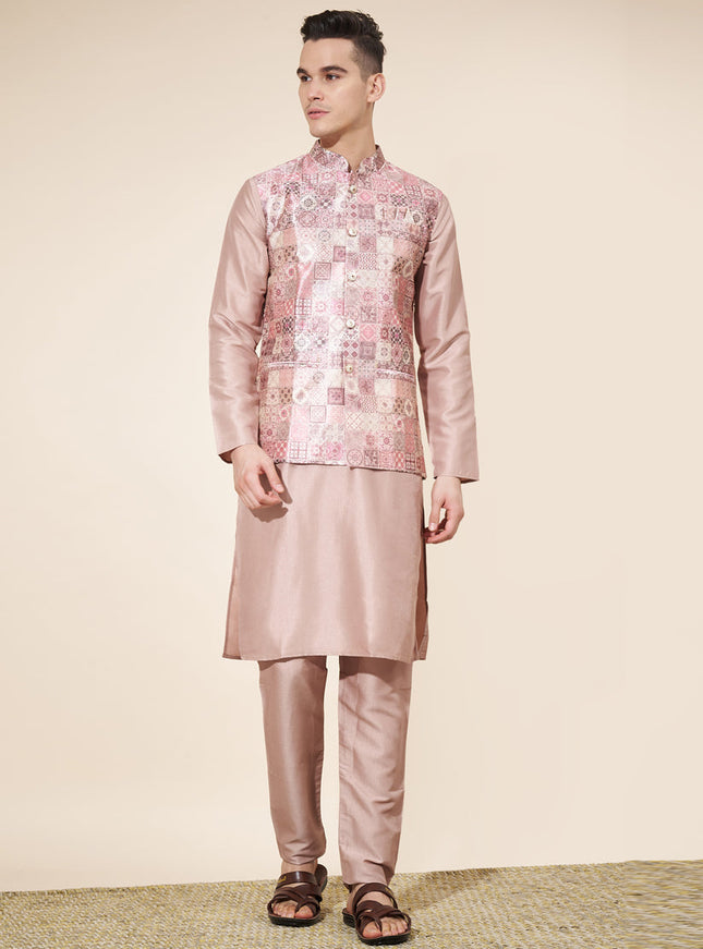 Beige Silk Mens Kurta Pajama Set with Jacquard Jacket