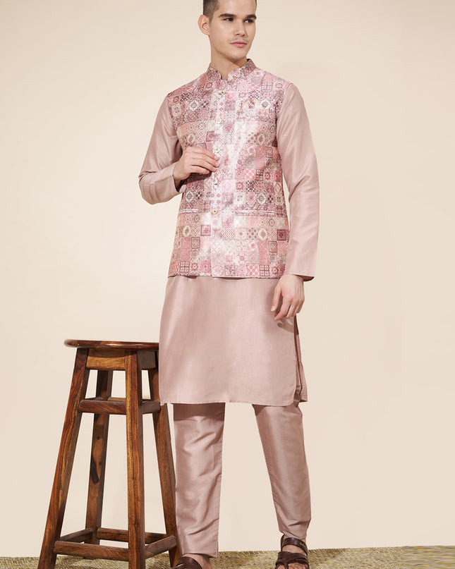 Beige Silk Mens Kurta Pajama Set with Jacquard Jacket
