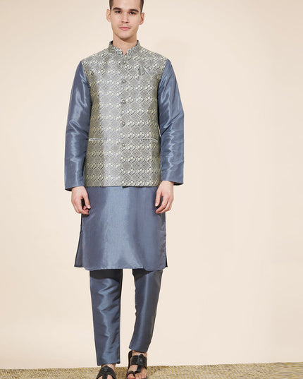 Slate Grey Silk Mens Kurta Pajama Set with Jacquard Jacket