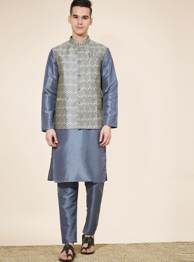 Slate Grey Silk Mens Kurta Pajama Set with Jacquard Jacket