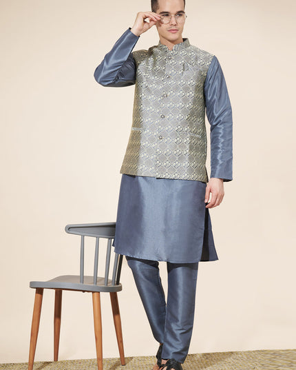 Slate Grey Silk Mens Kurta Pajama Set with Jacquard Jacket