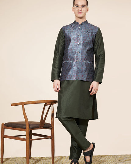 Mehendi Green Silk Mens Kurta Pajama Set with Jacquard Jacket