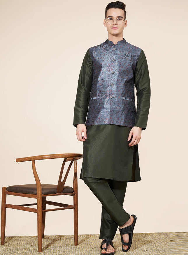 Mehendi Green Silk Mens Kurta Pajama Set with Jacquard Jacket