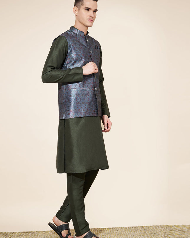 Mehendi Green Silk Mens Kurta Pajama Set with Jacquard Jacket