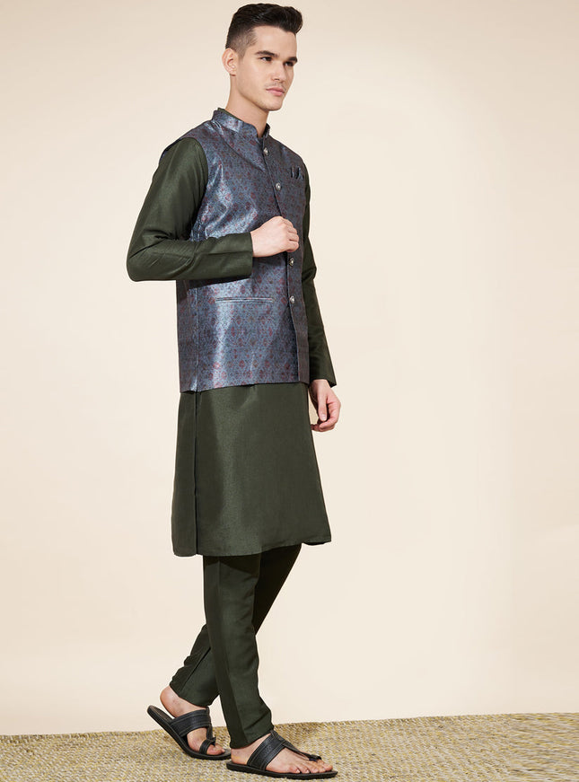 Mehendi Green Silk Mens Kurta Pajama Set with Jacquard Jacket