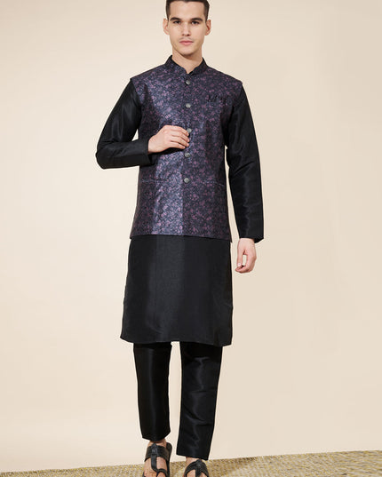 Black Silk Mens Kurta Pajama Set with Jacquard Jacket