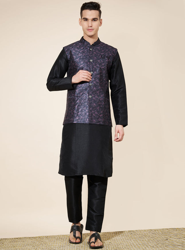 Black Silk Mens Kurta Pajama Set with Jacquard Jacket