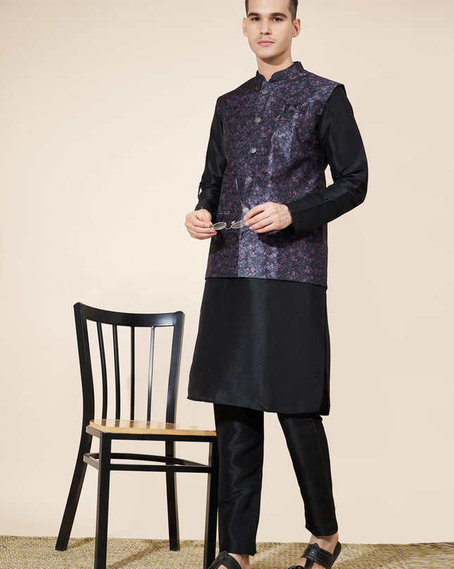 Black Silk Mens Kurta Pajama Set with Jacquard Jacket