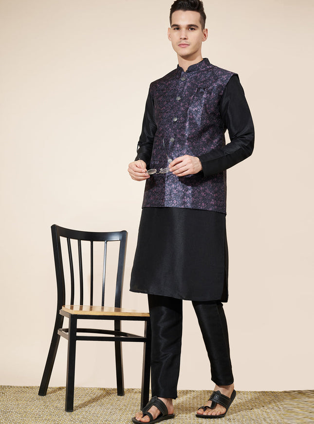 Black Silk Mens Kurta Pajama Set with Jacquard Jacket