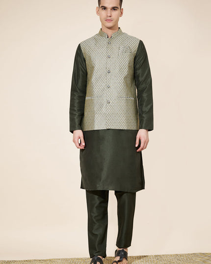 Mehendi Green Silk Mens Kurta Pajama Set with Jacquard Jacket