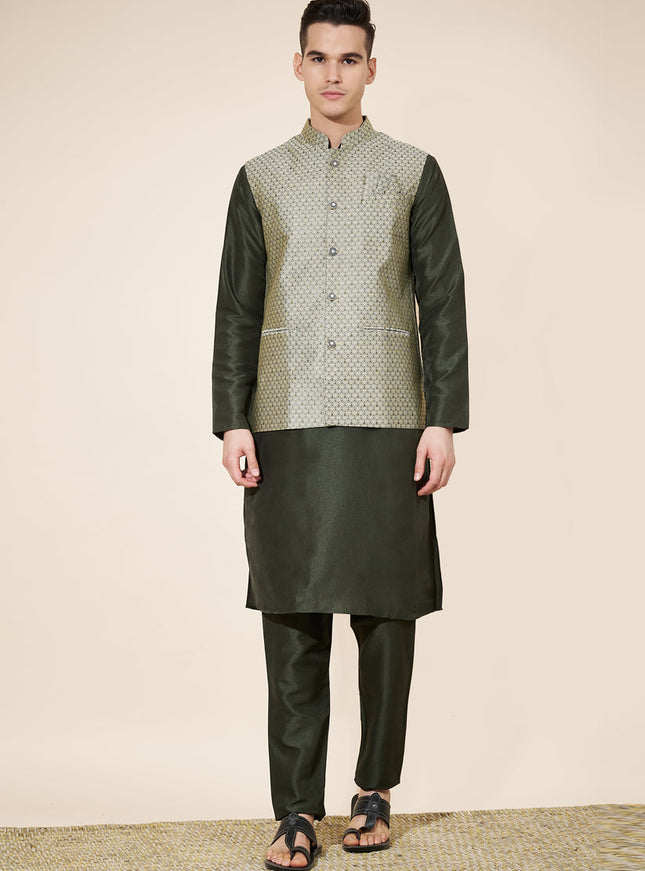 Mehendi Green Silk Mens Kurta Pajama Set with Jacquard Jacket