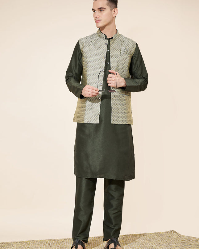 Mehendi Green Silk Mens Kurta Pajama Set with Jacquard Jacket