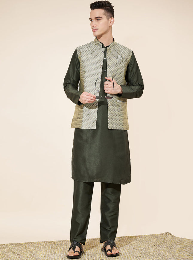 Mehendi Green Silk Mens Kurta Pajama Set with Jacquard Jacket