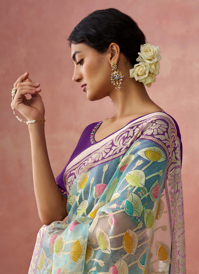 Ice Blue Brasso Embroidered Saree
