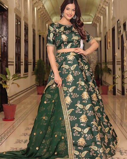 Exquisite Dark Green Embroidered & Heavy Sequins Lehenga Choli Set