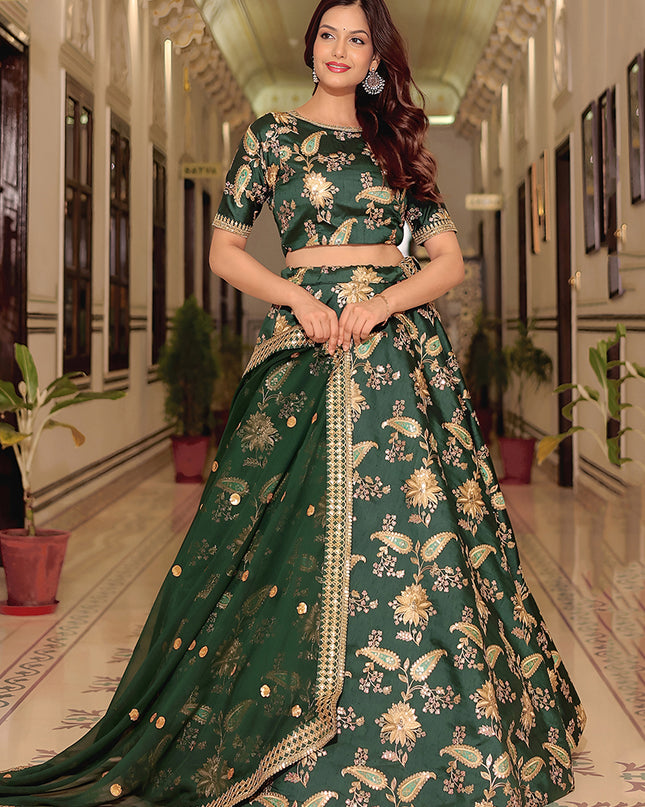 Exquisite Dark Green Embroidered & Heavy Sequins Lehenga Choli Set