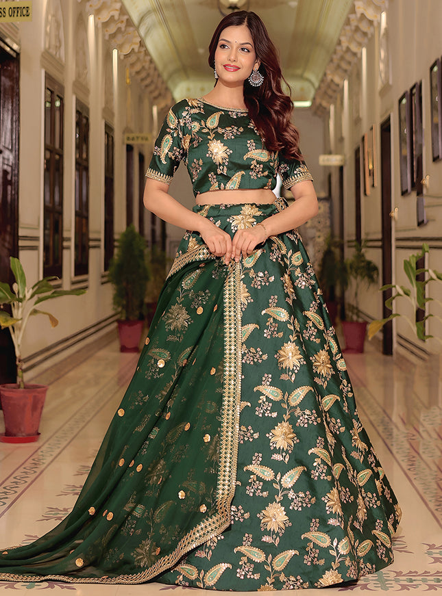 Exquisite Dark Green Embroidered & Heavy Sequins Lehenga Choli Set