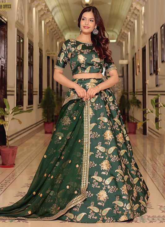 Exquisite Dark Green Embroidered & Heavy Sequins Lehenga Choli Set