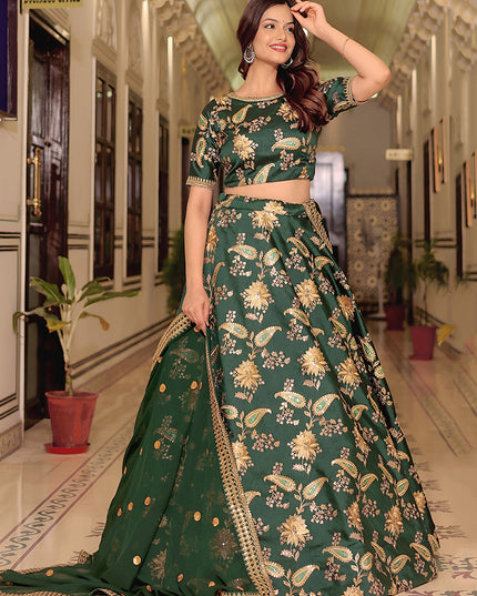 Exquisite Dark Green Embroidered & Heavy Sequins Lehenga Choli Set