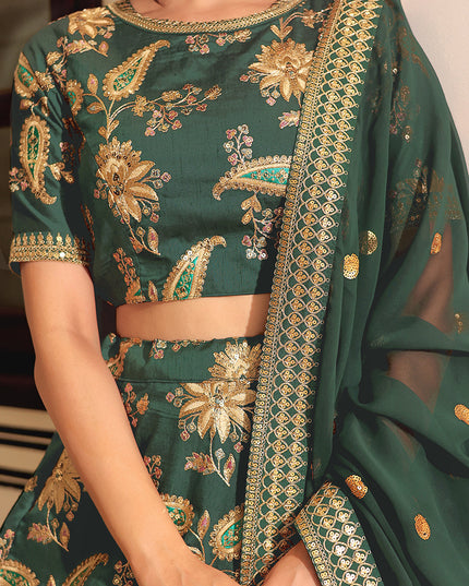 Exquisite Dark Green Embroidered & Heavy Sequins Lehenga Choli Set