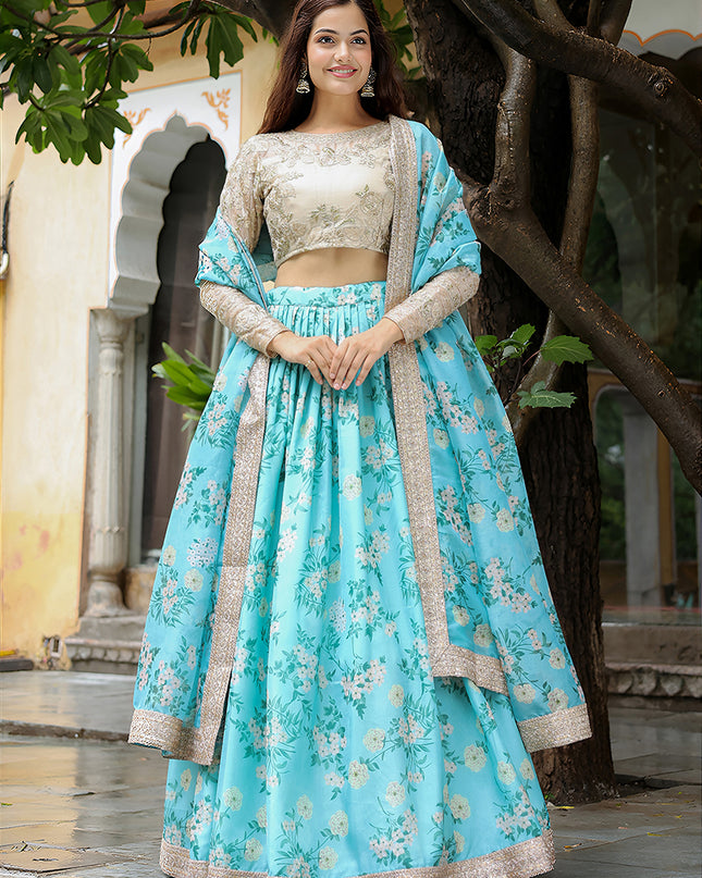 Incredible Sky Blue Heavy Lehenga Choli Set for Festival