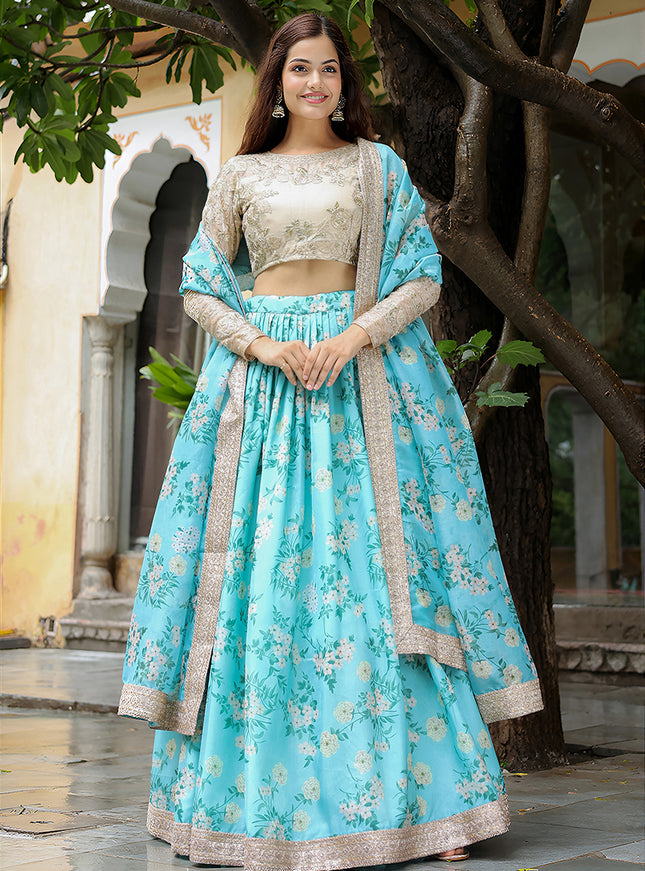 Incredible Sky Blue Heavy Lehenga Choli Set for Festival